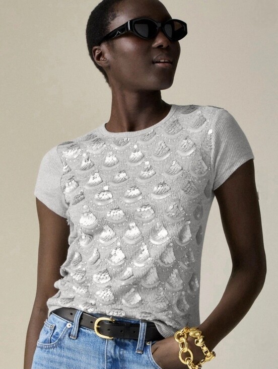 J. Crew Tops - J Crew Sequin T Shirt Gray & Silver Embellished Ribbed Slim Fit Cotton Modal MD